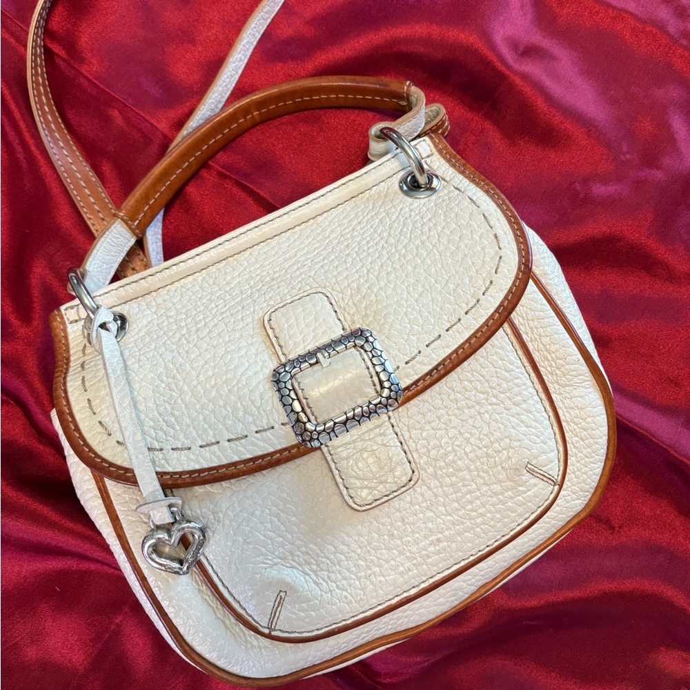 BRIGHTON Handbag Parker Flap Saddlebag Purse Bag Pebbled White Leather